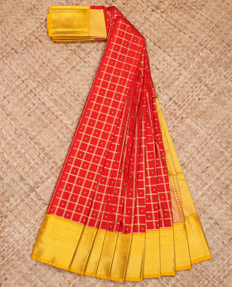 Red Budget Silk Saree, Decked Up with Zari Butta Enclosed Checks on Its Body, Complemented by a Contrast Traditional Zari Design Border, Sparsely Woven Pallu, and Paired with a Contrast Blouse