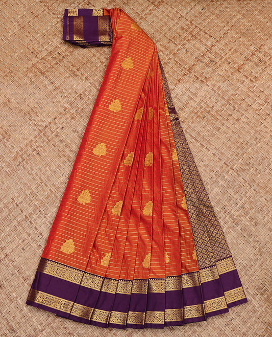 Orange Budget Silk Saree, Bedecked with Zari Buttas and Stripes, Complemented by Contrast Floral Creeper Rettai Pettu Border, Jaal Pallu and a Contrast Blouse