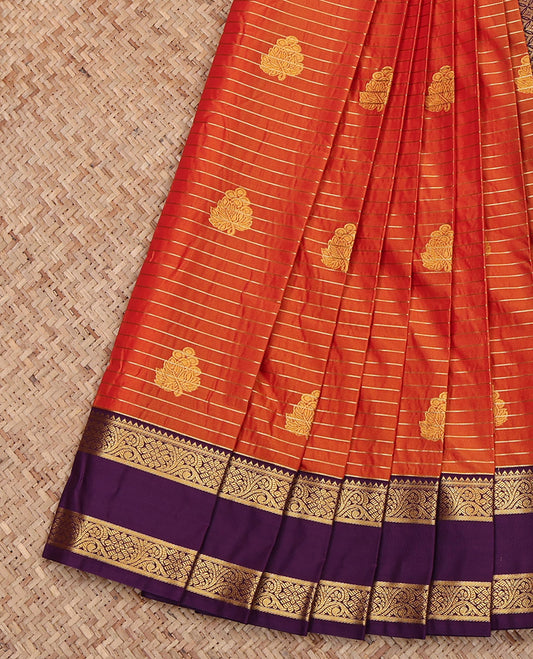 Orange Budget Silk Saree, Bedecked with Zari Buttas and Stripes, Complemented by Contrast Floral Creeper Rettai Pettu Border, Jaal Pallu and a Contrast Blouse
