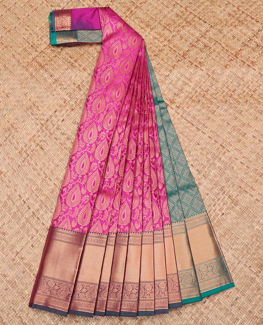 Pink Budget Silk Saree, Detailed with Jacquard Design, Complemented by a Contrast Traditional Zari Border, Grand Jaal Pallu, and a Contrast Blouse
