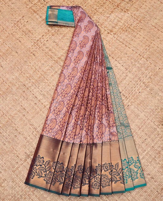 Purple Budget Silk Saree, Elevated with Jacquard Design, Complemented by a Contrast Floral Creeper Zari Border, Grand Pallu, and Contrast Blouse