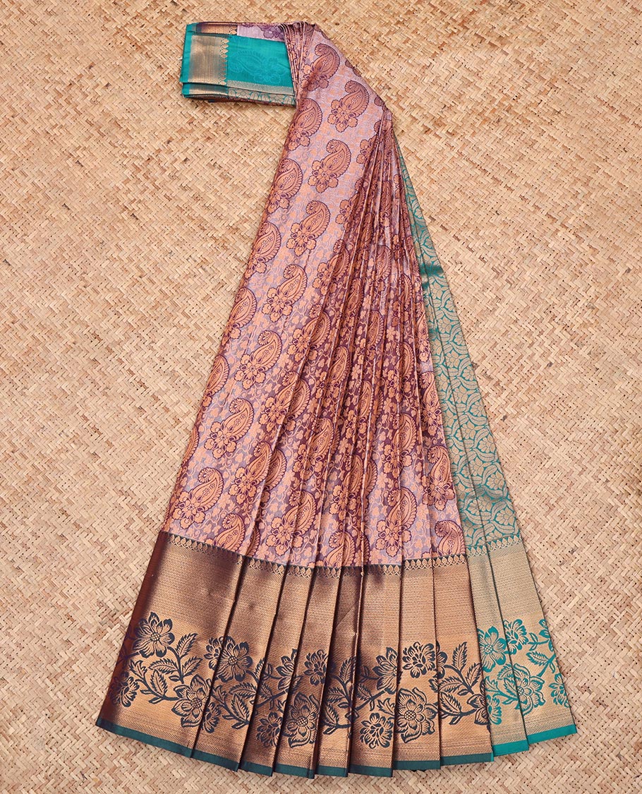 Purple Budget Silk Saree, Elevated with Jacquard Design, Complemented by a Contrast Floral Creeper Zari Border, Grand Pallu, and Contrast Blouse