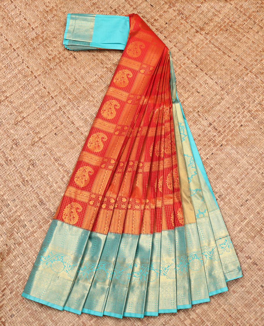 Red Budget Silk Saree, Majestically Detailed with Jacquard Design, Complemented by a Contrast Traditional Zari Border, Grand Pallu, and Contrast Blouse