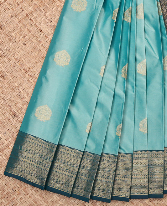 Blue Budget Silk Saree, Decked Up with Zari Buttas, Complemented by a Contrast Traditional Zari Border, Grand Pallu, and a Contrast Blouse