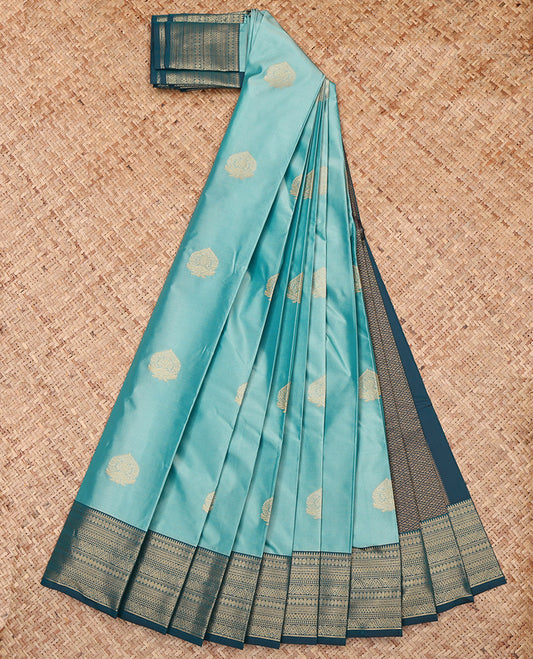 Blue Budget Silk Saree, Decked Up with Zari Buttas, Complemented by a Contrast Traditional Zari Border, Grand Pallu, and a Contrast Blouse