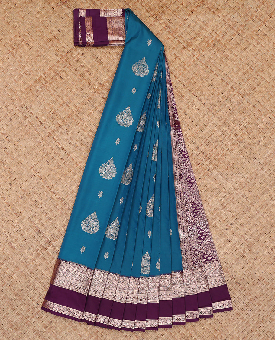 Blue Budget Silk Saree, Dazzled with Zari Buttas, Complemented by a Contrast Traditional Zari Rettai Pettu Border, Grand Pallu, and a Contrast Blouse