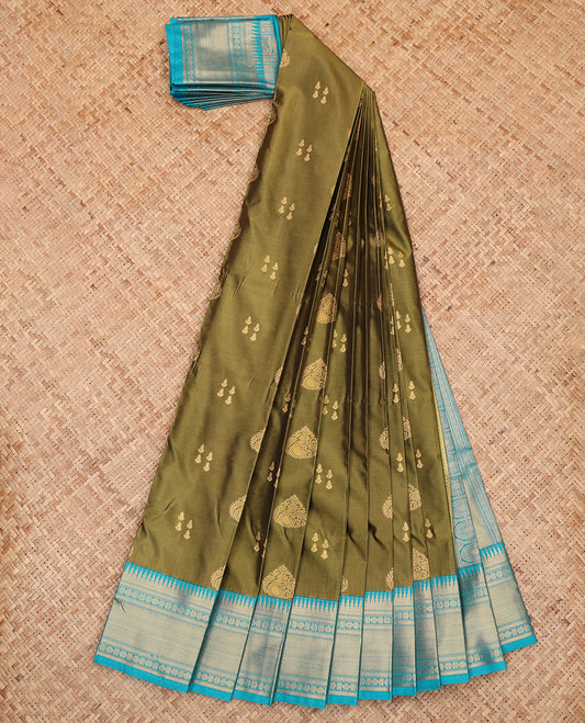 Green Budget Silk Saree, Bedecked with Zari Buttas, a Contrast Traditional Zari Border, Intricate Pallu, and a Contrast Blouse