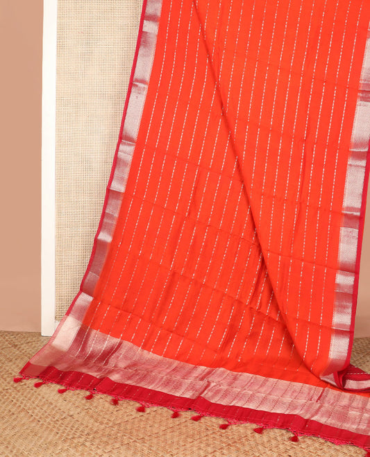 Red zari striped assam silk saree, contrast traditional zari design border, and zari design pallu