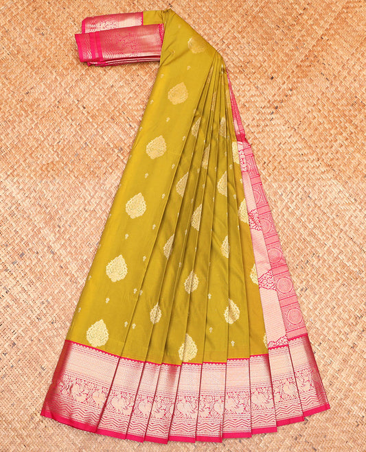 Green Budget Silk Saree, Adorned with Zari Buttas All Over Its Body, Complemented by Captivating Contrast Traditional Zari Designs Woven Border, Grand Pallu and Paired with a Contrast Blouse