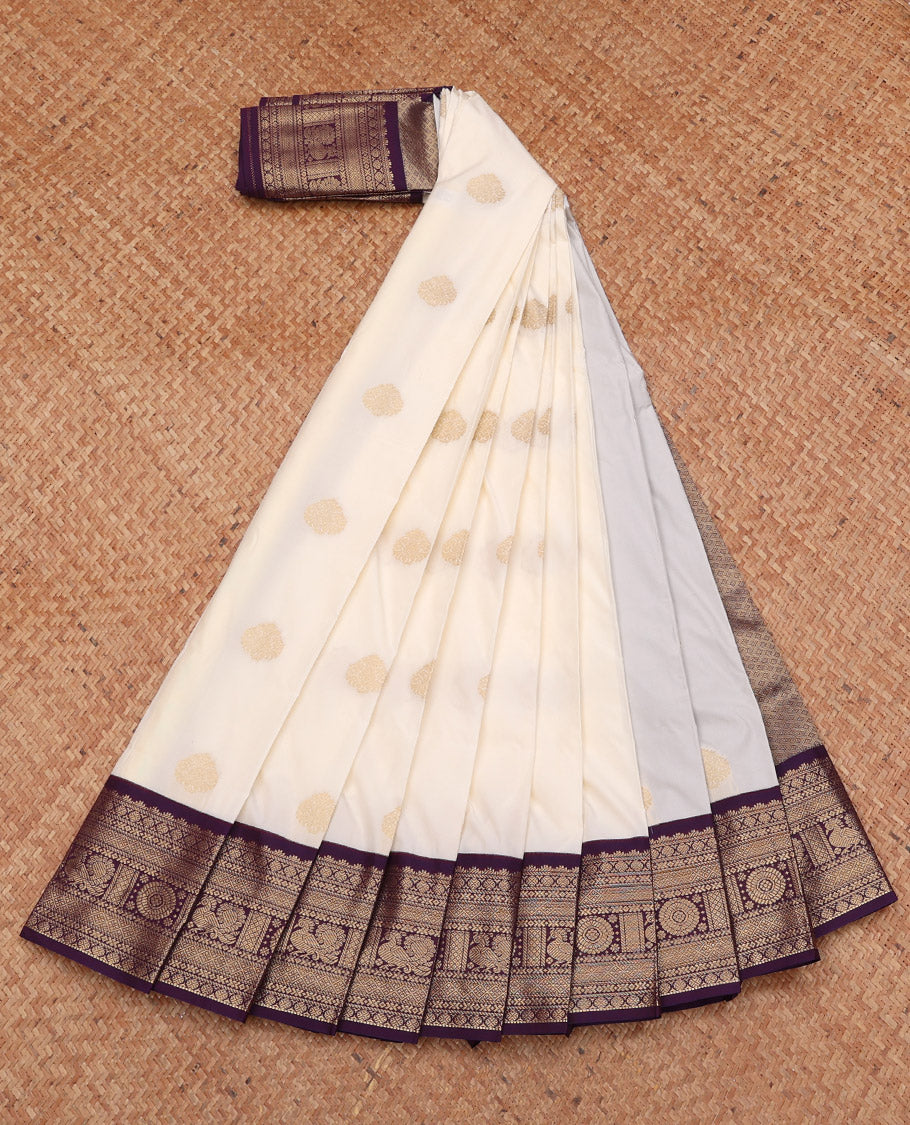 Off-White Budget Silk Saree, Enthralled with Zari Buttas, Complemented by a Contrast Traditional Zari Border, Grand Pallu, and a Contrast Blouse