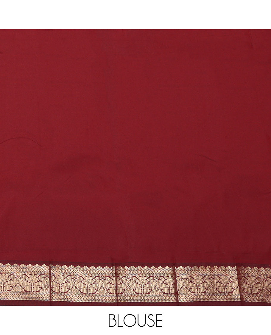 Orange Budget Silk Saree, Ornamented with Zari Buttas and Stripes, Complemented by a Contrast Traditional Zari Border, Grand Pallu, and a Contrast Blouse