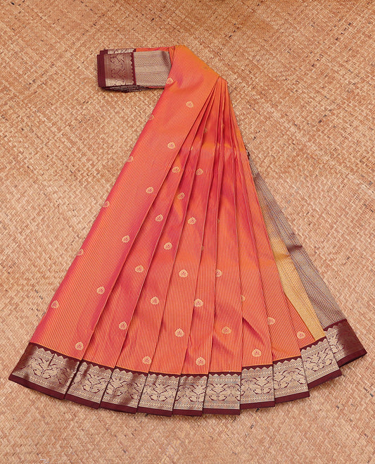 Orange Budget Silk Saree, Ornamented with Zari Buttas and Stripes, Complemented by a Contrast Traditional Zari Border, Grand Pallu, and a Contrast Blouse