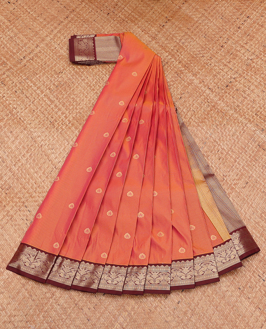 Orange Budget Silk Saree, Ornamented with Zari Buttas and Stripes, Complemented by a Contrast Traditional Zari Border, Grand Pallu, and a Contrast Blouse