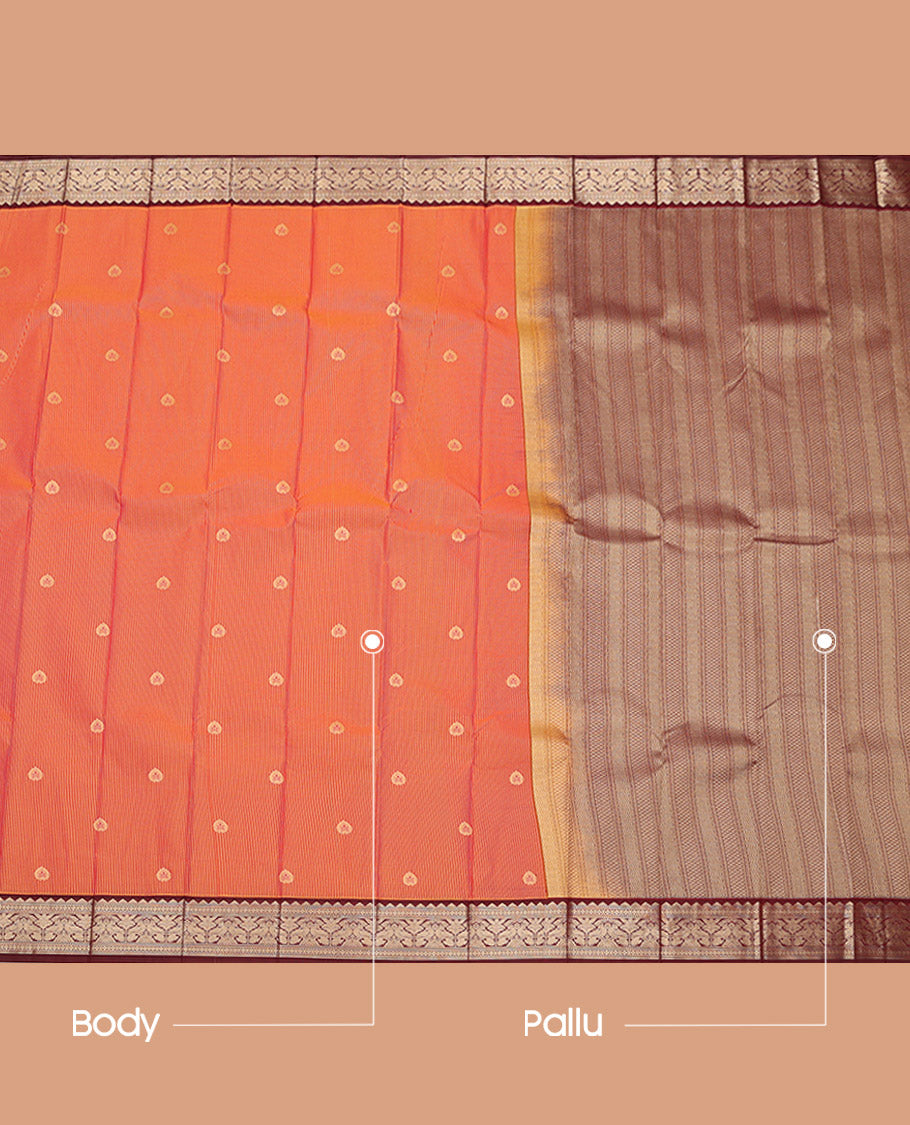 Orange Budget Silk Saree, Ornamented with Zari Buttas and Stripes, Complemented by a Contrast Traditional Zari Border, Grand Pallu, and a Contrast Blouse