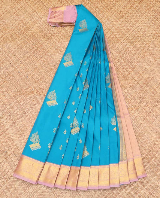 Blue Budget Silk Saree, Decorated with Zari Buttas, Complemented by Contrast Traditional Zari Border, a Grand Pallu and a Contrast Blouse