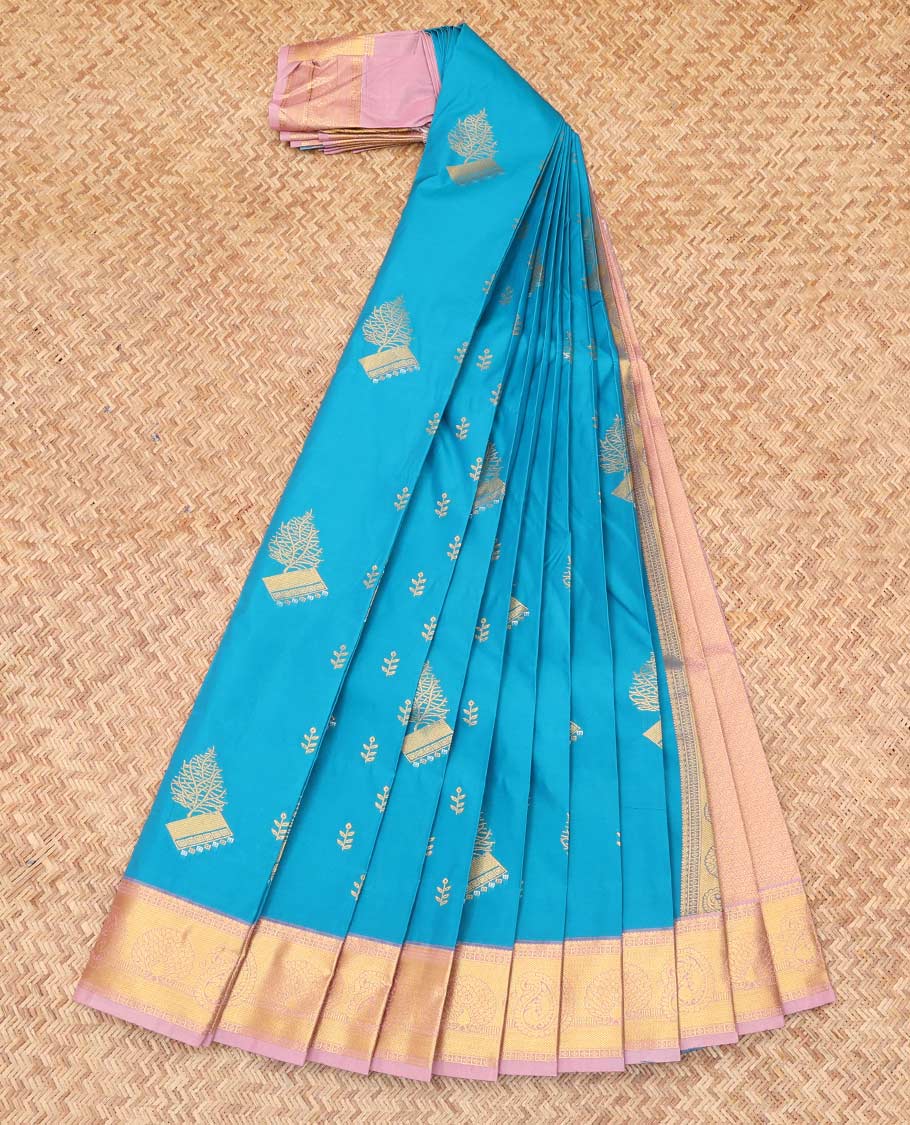 Blue Budget Silk Saree, Decorated with Zari Buttas, Complemented by Contrast Traditional Zari Border, a Grand Pallu and a Contrast Blouse