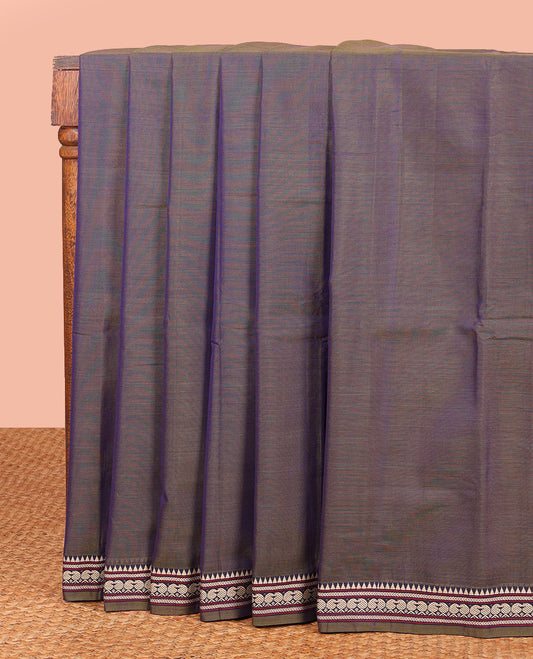 Grey Dual-Toned Plain Narayanpet Cotton Saree, Subtly Woven Traditional Motifs Thread Border, Complemented by Contrast Pallu of Colorful Stripes, and Paired with a Matching Blouse