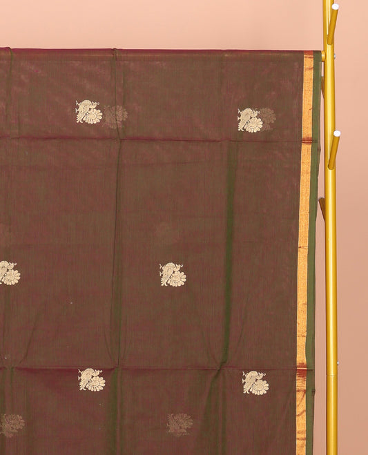 Green Dual-tone Venkatagiri Cotton Saree, Enriched with Peacock Buttas, a Contrast Zari Border, Pallu of Buttas and Stripes, and No Blouse