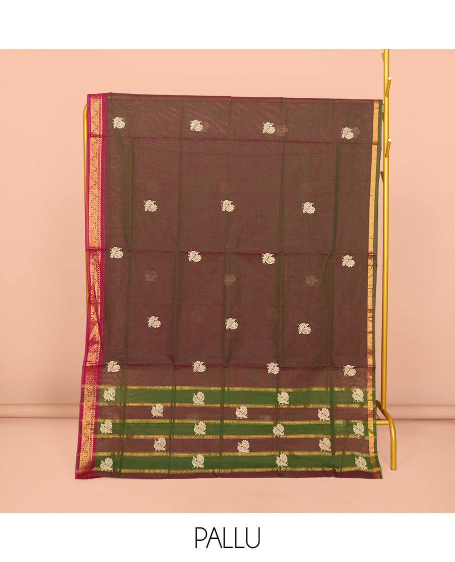Green Dual-tone Venkatagiri Cotton Saree, Enriched with Peacock Buttas, a Contrast Zari Border, Pallu of Buttas and Stripes, and No Blouse