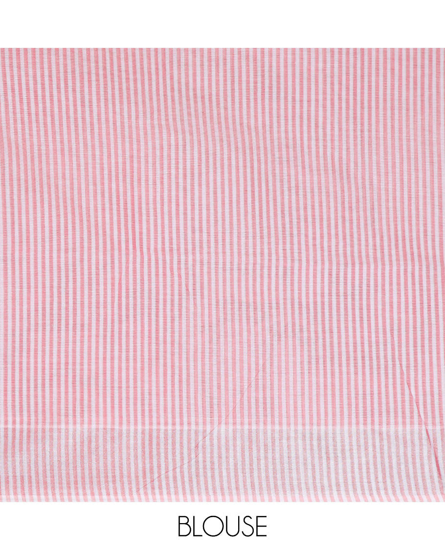 Pearl white & rose pink-color striped jute cotton saree, zari self-border & pallu of stripes