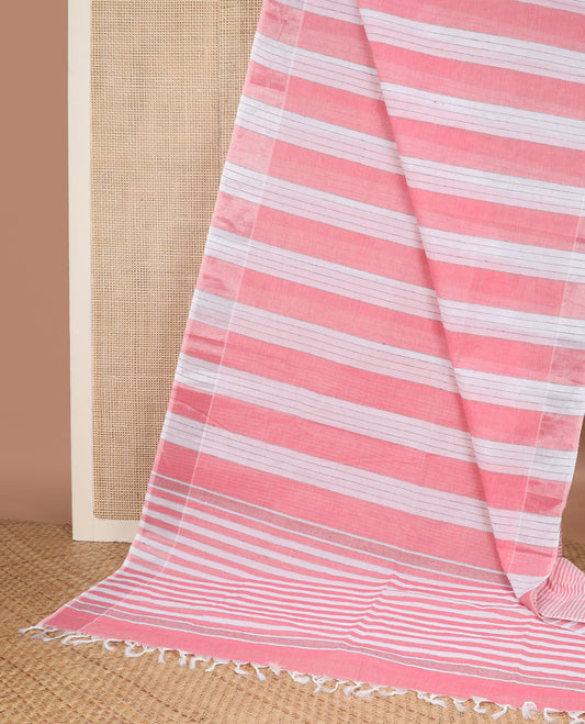 Pearl white & rose pink-color striped jute cotton saree, zari self-border & pallu of stripes