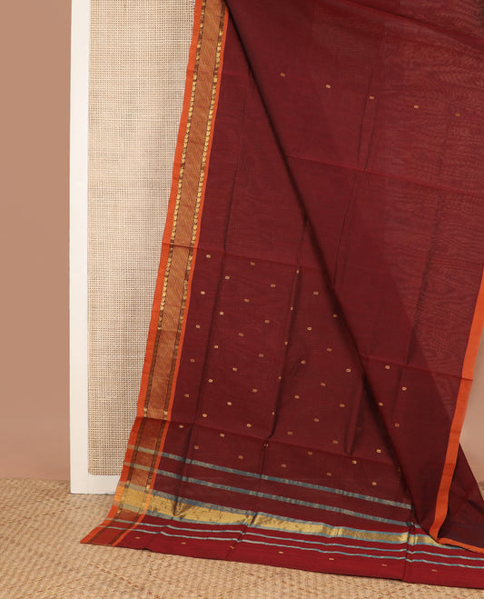 Crimson red zari buttas Venkatagiri cotton saree, contrast traditional zari border & pallu of zari stripes