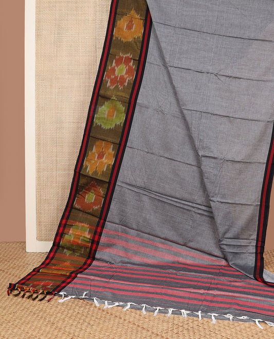 Grey plain Narayanpet cotton saree, contrast ikkat floral design border & striped pallu