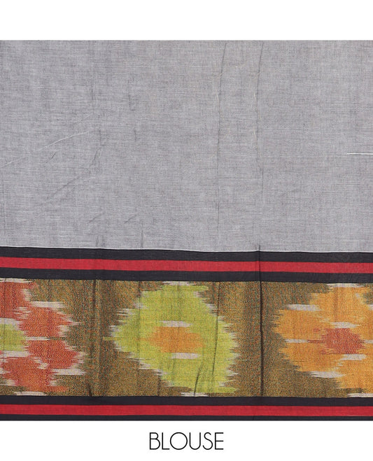 Grey plain Narayanpet cotton saree, contrast ikkat floral design border & striped pallu