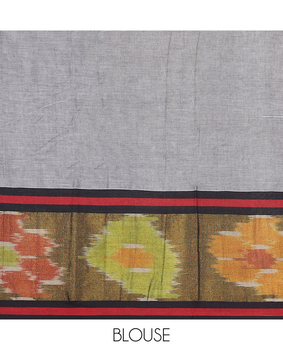 Grey plain Narayanpet cotton saree, contrast ikkat floral design border & striped pallu