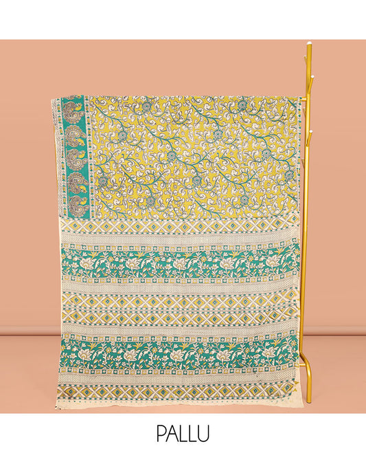 Green Machine-Printed Kalamkari Cotton Saree, Embellished with Floral Vine on Its Body, Complemented by a Contrast Border of Peacock Print, Pallu of Floral-Geometric Print, and Paired with a Matching Blouse