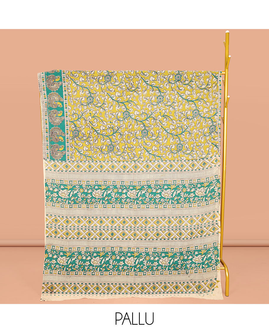Green Machine-Printed Kalamkari Cotton Saree, Embellished with Floral Vine on Its Body, Complemented by a Contrast Border of Peacock Print, Pallu of Floral-Geometric Print, and Paired with a Matching Blouse