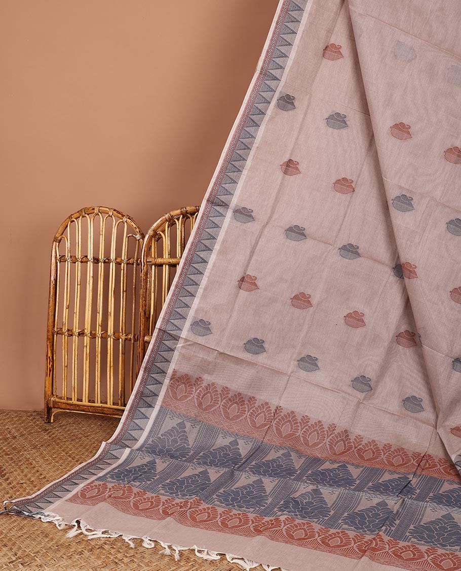 Beige buttas Coimbatore cotton saree, temple border & intricate pallu
