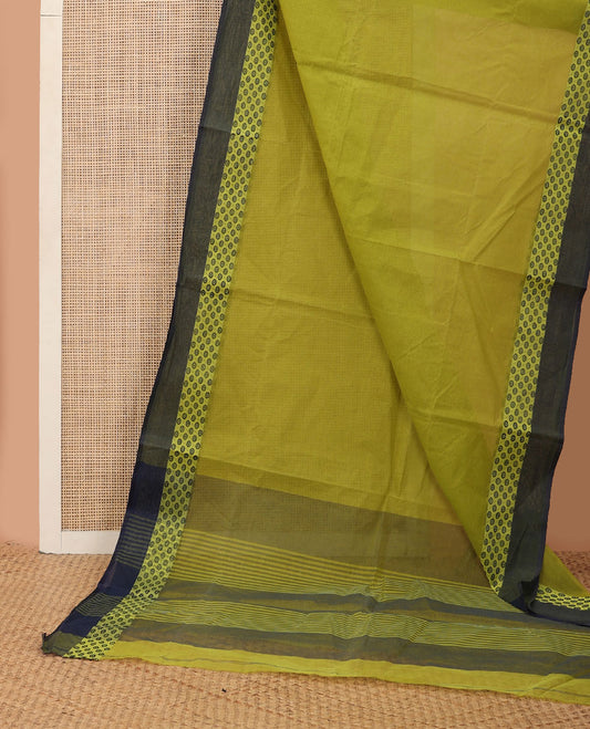 Green plain Bengal cotton saree, contrast border of circle motifs & pallu of stripes