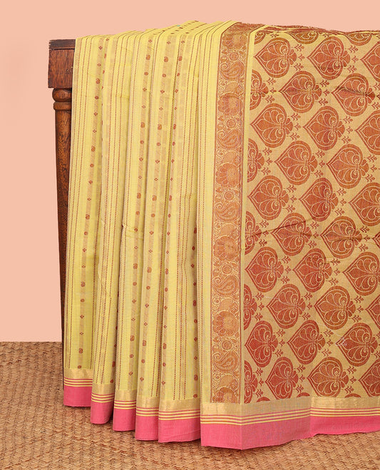 Yellow Kanchi Cotton Saree, Delicately Woven with Thread Designs All Over Its Body, Complemented by Contrast Border, Pallu Steeped with Spade Designs, and Paired with a Matching Blouse