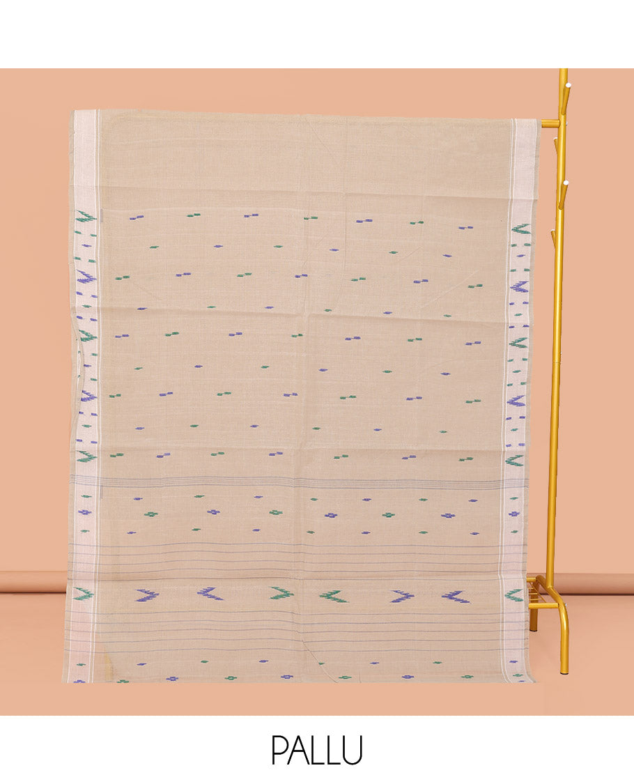 Beige Bengal Cotton Saree, Steeped with Thread Buttas, a Subtle Border, a Pallu of Stripes and Buttas, and a Matching Blouse
