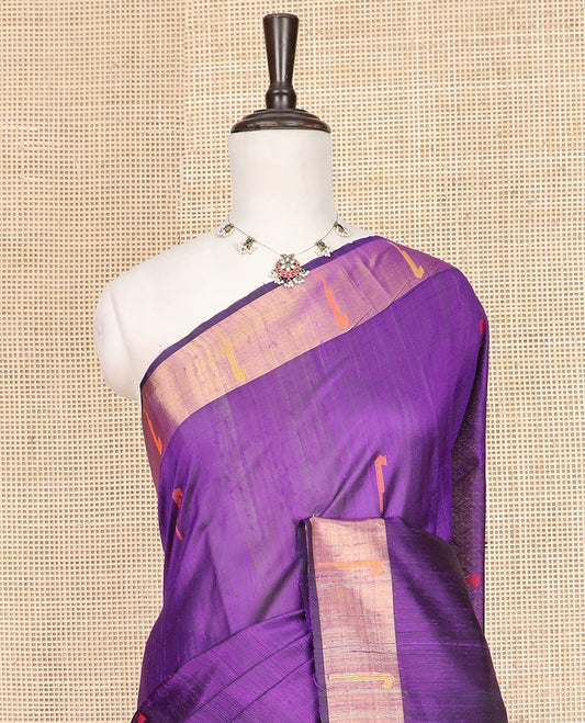 Purple Dupion Silk Saree Beautified with Muniya Buttas All Over Its Body, Subtly Self-Zari Border of Muniya Designs, Colorfully Woven Pallu of Floral Motifs, and Paired with a Matching Blouse