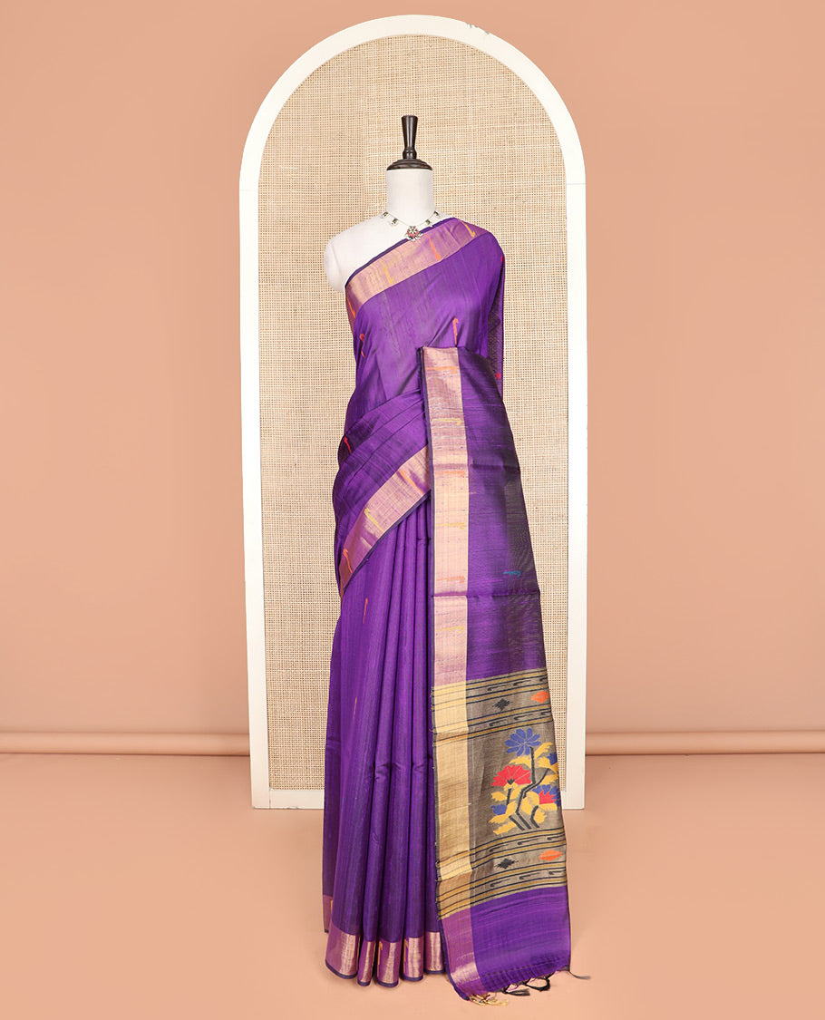 Purple Dupion Silk Saree Beautified with Muniya Buttas All Over Its Body, Subtly Self-Zari Border of Muniya Designs, Colorfully Woven Pallu of Floral Motifs, and Paired with a Matching Blouse