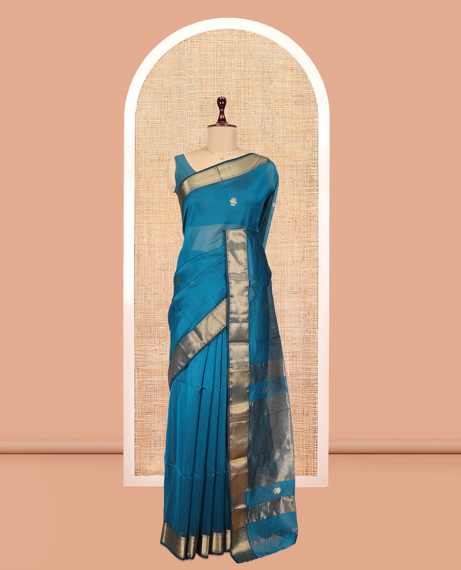 Blue Maheshwari Cotton Saree, Enriched with Zari Buttas, a Contrast Traditional Zari Border, Pallu of Zari Design, and a Matching Blouse