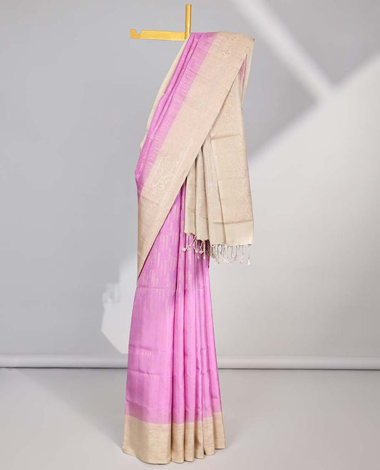 Pink buttas soft silk saree with contrast border & intricate zari design pallu