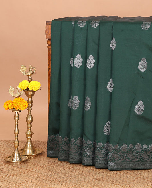 Green kanchi silk saree with flower zari buttas across its body, zari border of floral vine & ogee patterned pallu
