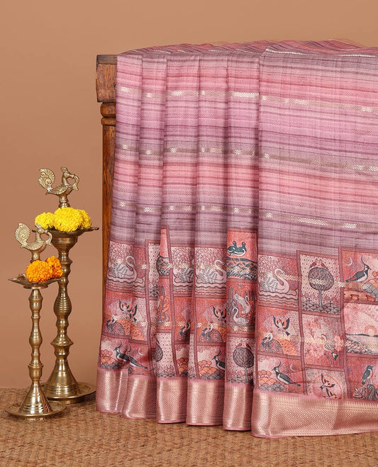 Onion pink horizontal zari striped with bird motifs printed soft tusser saree, traditional zari border & geometric printed pallu