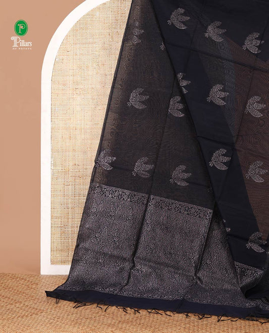 Borderless navy blue lightweight silk cotton saree with leaf zari buttas, zari-rich pallu of leaf designs
