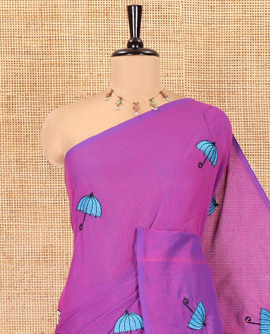 Borderless Violet Khadi Cotton Saree, Delicately Woven with Umbrella Motifs, Thread Embroidered on Its Body, a Self-Pallu, and Paired with a Matching Blouse