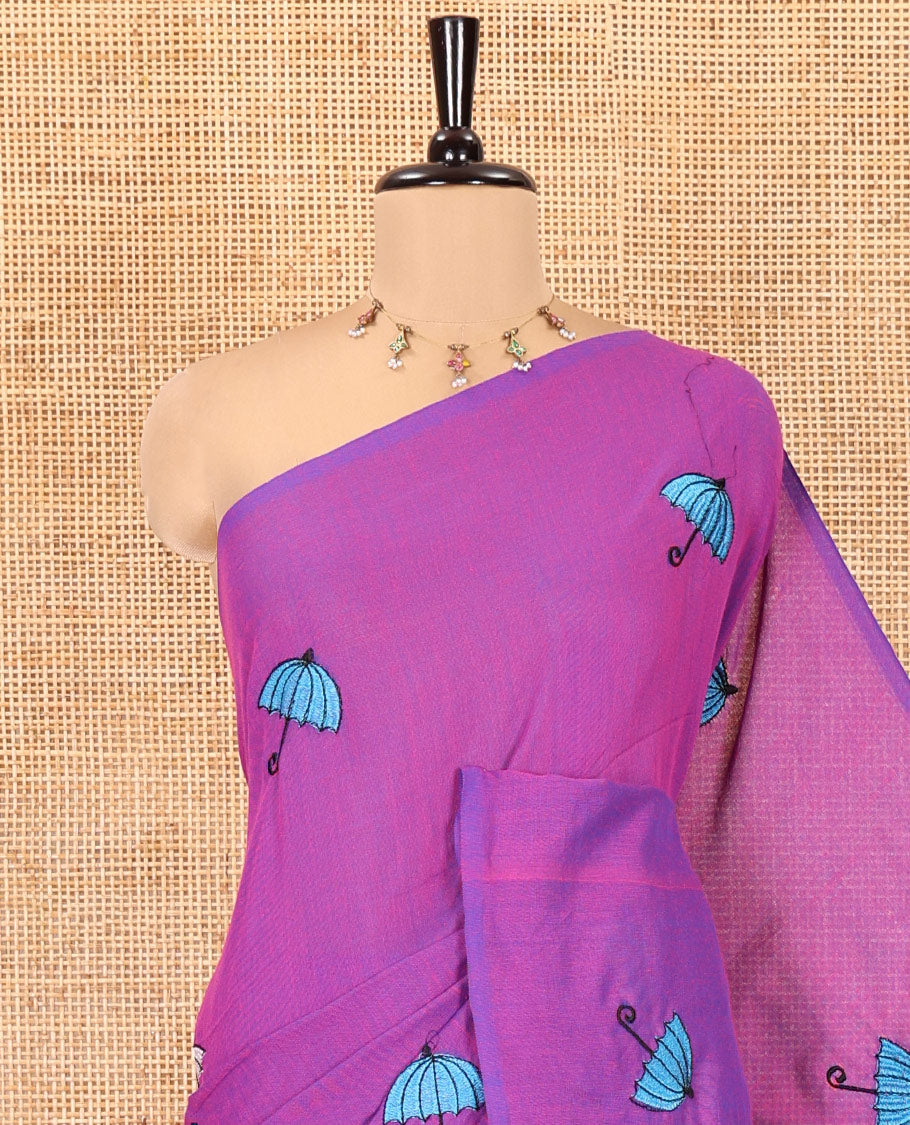 Borderless Violet Khadi Cotton Saree, Delicately Woven with Umbrella Motifs, Thread Embroidered on Its Body, a Self-Pallu, and Paired with a Matching Blouse