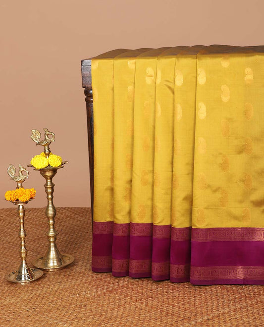 Gold with purple mango butta zari design litchi soft silk saree with contrast bentex traditional border & rich weaving pallu along with brocade blouse
