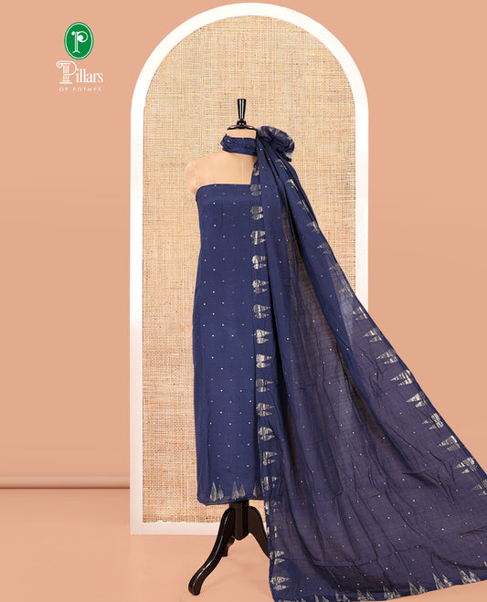 Blue Semi-Silk Material Chudidar Set, Subtly Sparkled with Buttas on Its Top, a Plain Bottom, and Paired with a Semi-Silk Zari Buttas and Pine-Tree Dupatta