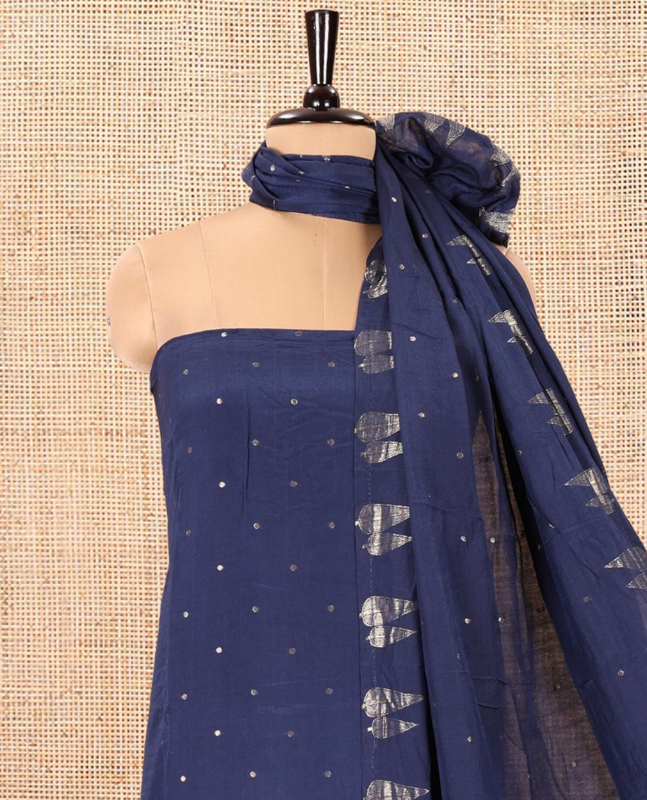 Blue Semi-Silk Material Chudidar Set, Subtly Sparkled with Buttas on Its Top, a Plain Bottom, and Paired with a Semi-Silk Zari Buttas and Pine-Tree Dupatta