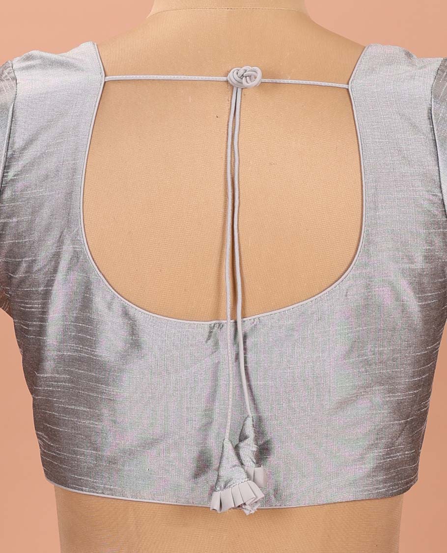 Grey Plain Readymade Blouse Featuring a Front Round-Neck, Back Round-Neck, and Elbow Sleeves