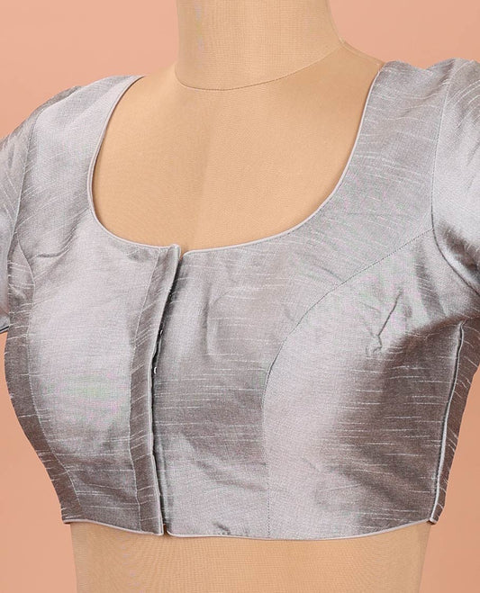 Grey Plain Readymade Blouse Featuring a Front Round-Neck, Back Round-Neck, and Elbow Sleeves