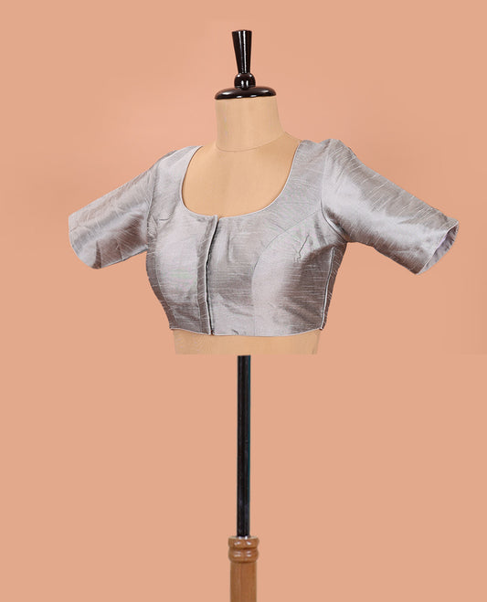 Grey Plain Readymade Blouse Featuring a Front Round-Neck, Back Round-Neck, and Elbow Sleeves